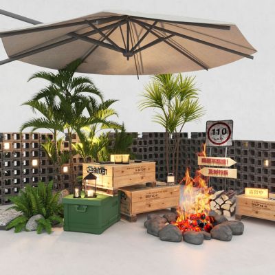 遮阳伞_路牌_露营_火堆_空心砖