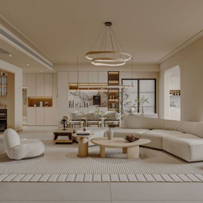 现代奶油风客餐厅_餐厅_岛台