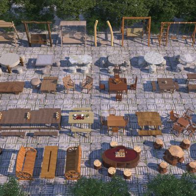 现代户外乡村桌凳 石桌凳 秋千3D模型