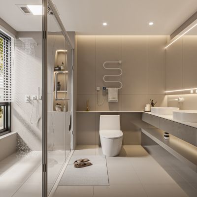 现代卫生间 马桶 浴室柜 洗脸盆 镜子 玻璃隔断 