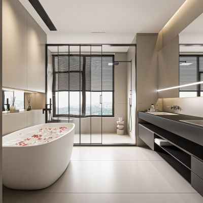 现代卫生间 马桶 浴室柜 洗脸盆 镜子 玻璃隔断 浴缸