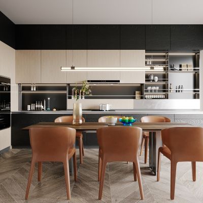 现代，开放式，厨房，餐厅，餐桌椅，橱柜
