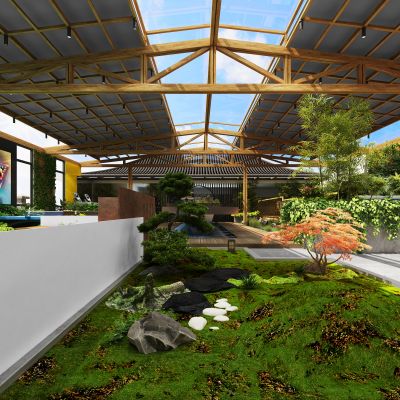 屋顶花园，阳光房，室内景观，茶室，绿植，家具，水景