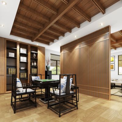 新中式棋牌室,自然风棋牌室,原木风棋牌室,植物,摆件,家具,挂画