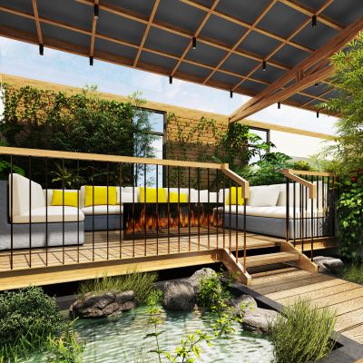 屋顶花园，阳光房，室内景观，茶室，绿植，家具，水景
