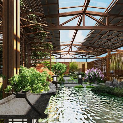 屋顶花园，阳光房，室内景观，茶室，绿植，家具，水景
