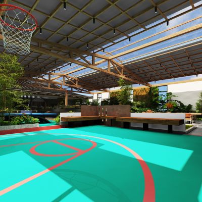 屋顶花园，阳光房，篮球场，室内景观，茶室，绿植，家具，水景