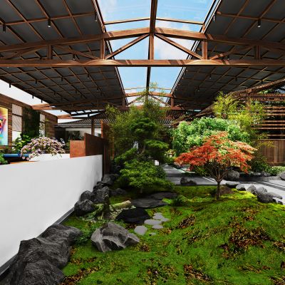 屋顶花园，阳光房，室内景观，茶室，绿植，家具，水景