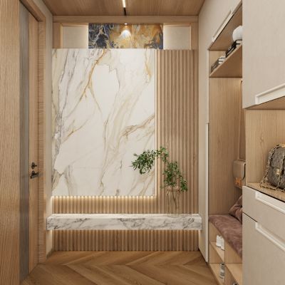 轻奢原木风岩板造型玄关