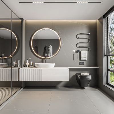 现代卫生间 马桶 浴室柜 洗脸盆 镜子 玻璃隔断