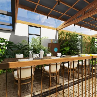 屋顶花园，阳光房，室内景观，茶室，绿植，家具，水景