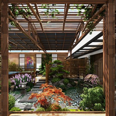 屋顶花园，阳光房，室内景观，茶室，绿植，家具，水景