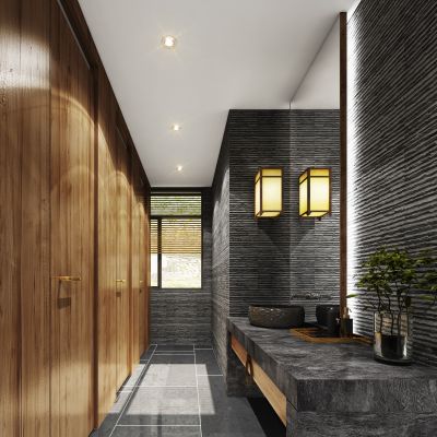 原木风卫生间,植物,摆件,家具,挂画