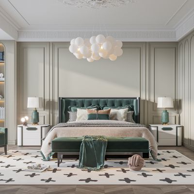 法式卧室 双人床 饰品 休闲椅 造形吊顶 衣柜 饰品 石膏线