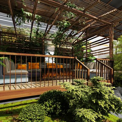 屋顶花园，阳光房，室内景观，茶室，绿植，家具，水景