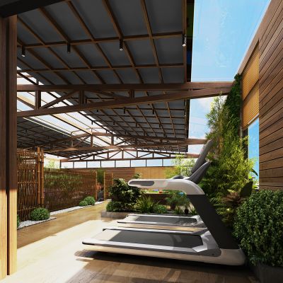 健身房，桌球室，屋顶花园，阳光房，室内景观，茶室，绿植，家具，水景