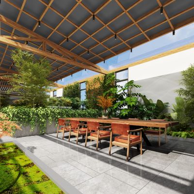 屋顶花园，阳光房，室内景观，茶室，绿植，家具，水景