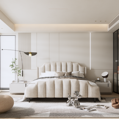 现代原木风卧室 布艺床 地毯 中古卧室 壁灯 床头柜 挂画 休闲椅