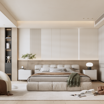 现代原木风卧室 布艺床 地毯 中古卧室 壁灯 床头柜 挂画 休闲椅