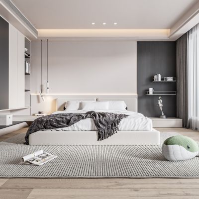 现代卧室 双人床 饰品  床头吊灯 造形吊顶 造型衣柜