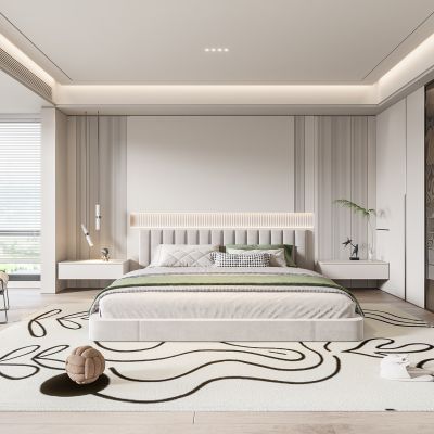 现代卧室 双人床 饰品  床头吊灯 造形吊顶 造型衣柜 休闲椅