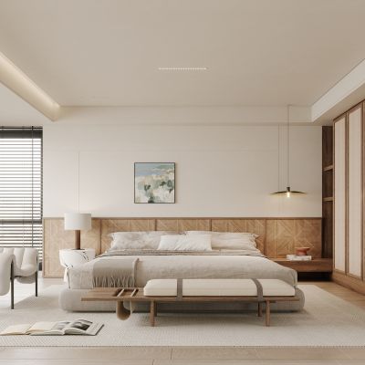 侘寂，中古，卧室，床品，单椅，衣柜