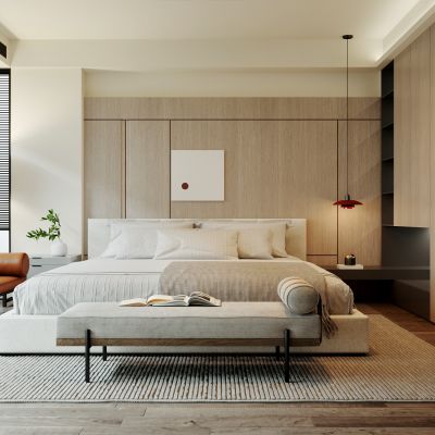 现代，侘寂，卧室，床品组合，衣柜，床背景