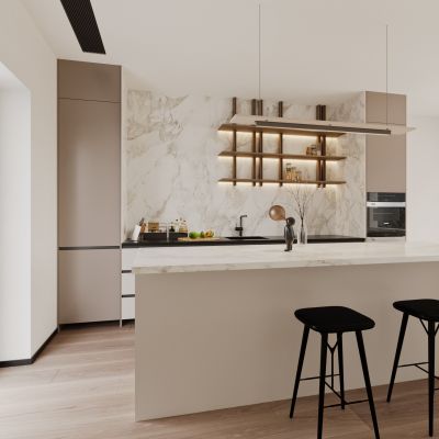 现代简约开放式厨房，岛台摆件