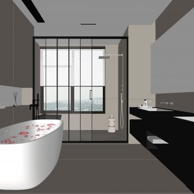 现代卫生间 马桶 浴室柜 洗脸盆 镜子 玻璃隔断 浴缸SU模型