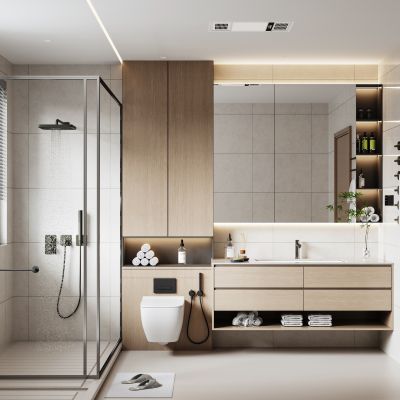 现代卫生间 淋浴房 马桶 花洒 浴室柜 百叶帘