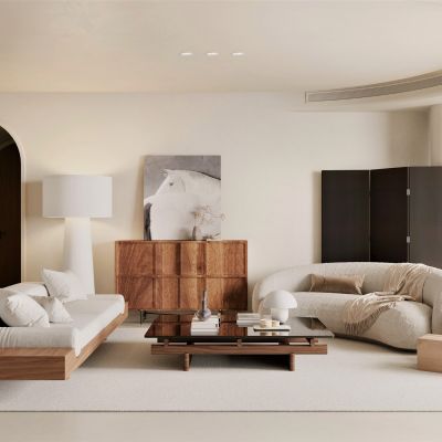 中古，侘寂，客厅，沙发组合，装饰柜，屏风