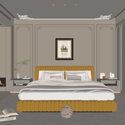 法式卧室 双人床 饰品 休闲椅 壁炉 造形吊顶 衣柜 饰品 石膏线