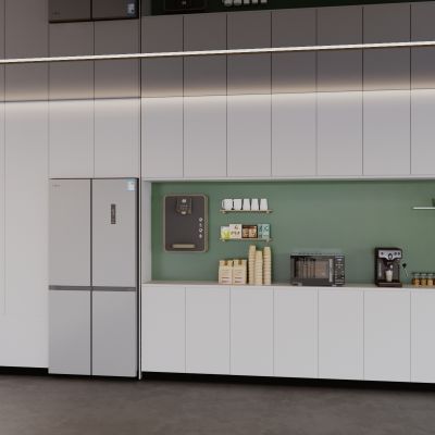 现代茶水间 饮水机 咖啡机 微波炉 电冰箱