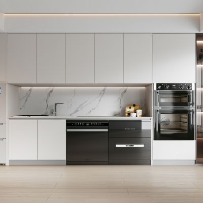 现代厨房橱柜组合 烤箱 微波炉 水槽 吊柜