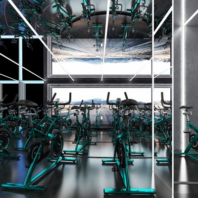 工业风健身房，动感单车厅，动感单车，现代科技动感单车