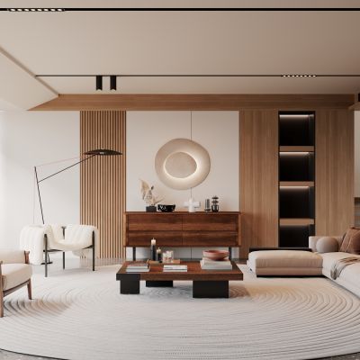 侘寂，客厅，沙发组合，背景墙