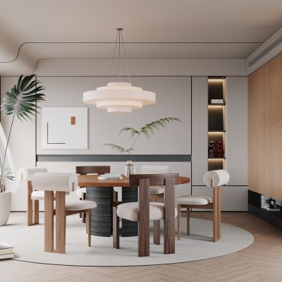 侘寂，现代，餐厅，餐桌椅，吊灯，柜子