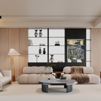 侘寂，客厅，沙发组合，落地灯，盆栽，雕塑