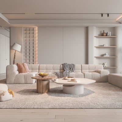 现代客厅 奶油风客厅 沙发组合 茶几组合 饰品摆件