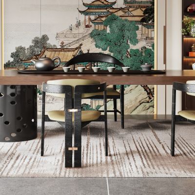 新中式茶桌椅组合  凳子  茶具  茶壶  单椅  地毯