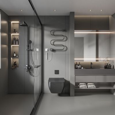 现代卫生间 马桶 浴室柜 洗脸盆 镜子 玻璃隔断