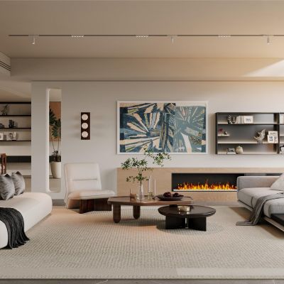 侘寂，客厅，沙发组合，落地灯，盆栽，壁炉，背景墙