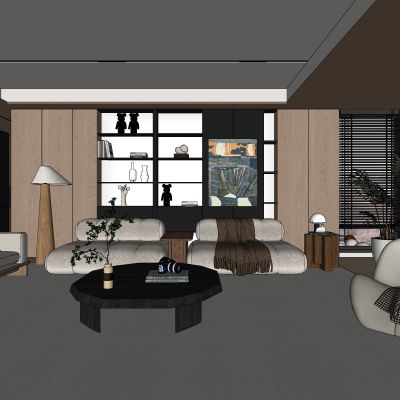 侘寂，客厅，沙发组合，落地灯，盆栽，雕塑