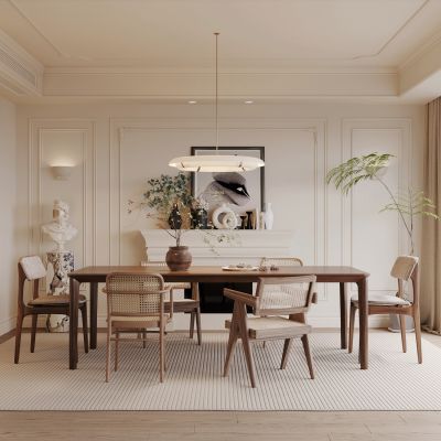 侘寂，现代，餐厅，餐桌椅，吊灯，餐边柜，橱柜，中古