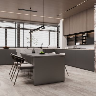 现代开放式厨房 餐桌椅组合 吊灯