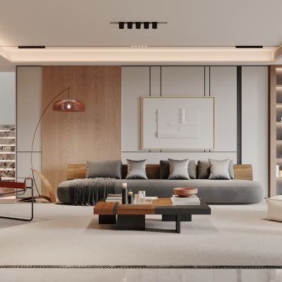 侘寂，现代，客厅，沙发组合，落地灯，盆栽，背景墙，装饰画