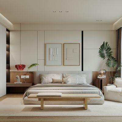 侘寂，现代，卧室，床品组合，台灯，装饰画，盆栽，背景墙