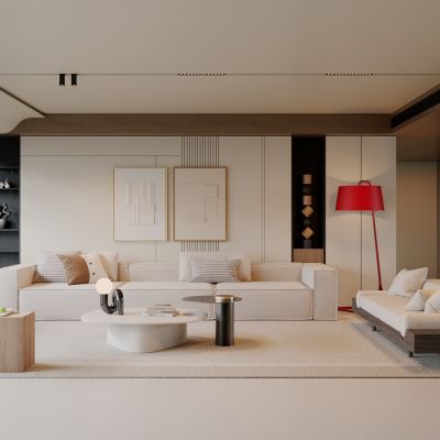 侘寂，现代，客厅，沙发组合，落地灯，盆栽，背景墙，装饰画