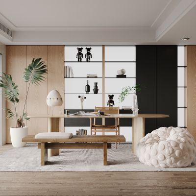 侘寂，现代，书房，书桌椅，吊灯，单椅，盆栽，书柜