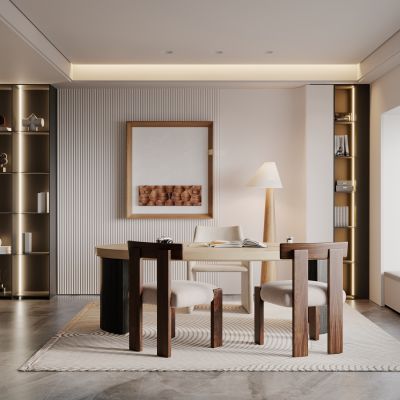 侘寂，现代，书房，书桌椅，吊灯，单椅，盆栽，书柜